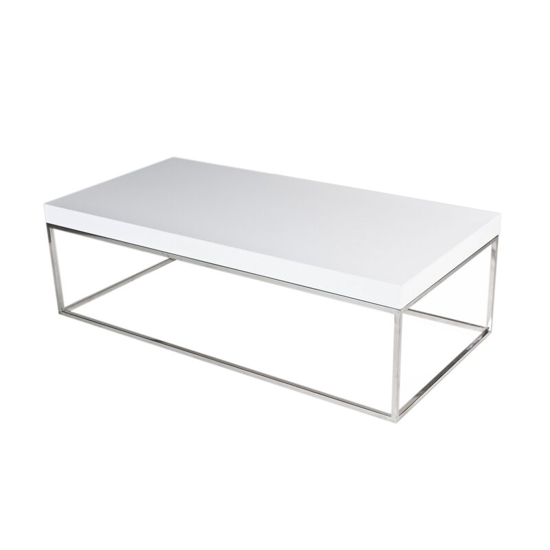 Zen 48 Inch Coffee Table, Rectangular White Lacquer Top, Chrome Steel Frame - Benzara
