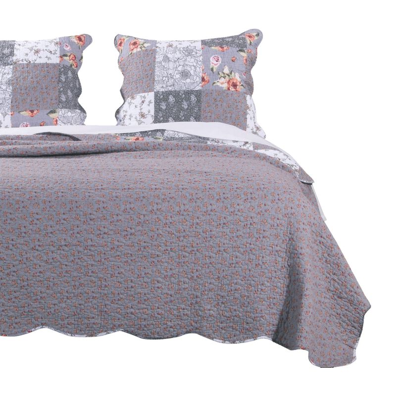 Microfiber Quilt and 1 Pillow Sham Set with Floral Prints, Multicolor - Benzara