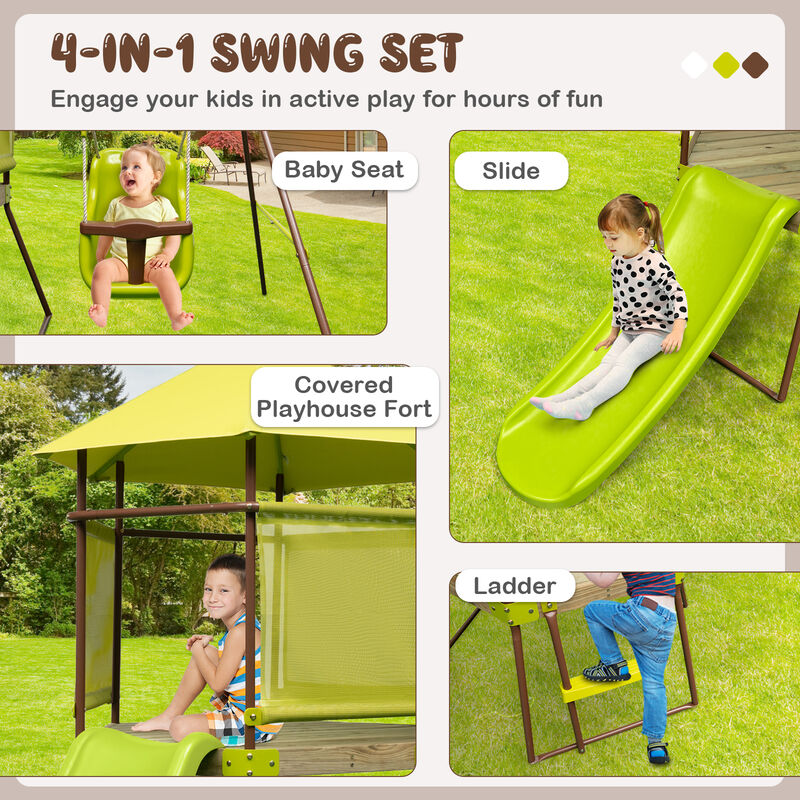 4-in-1 Swing Set with Covered Playhouse Fort and Height Adjustable Baby Seat