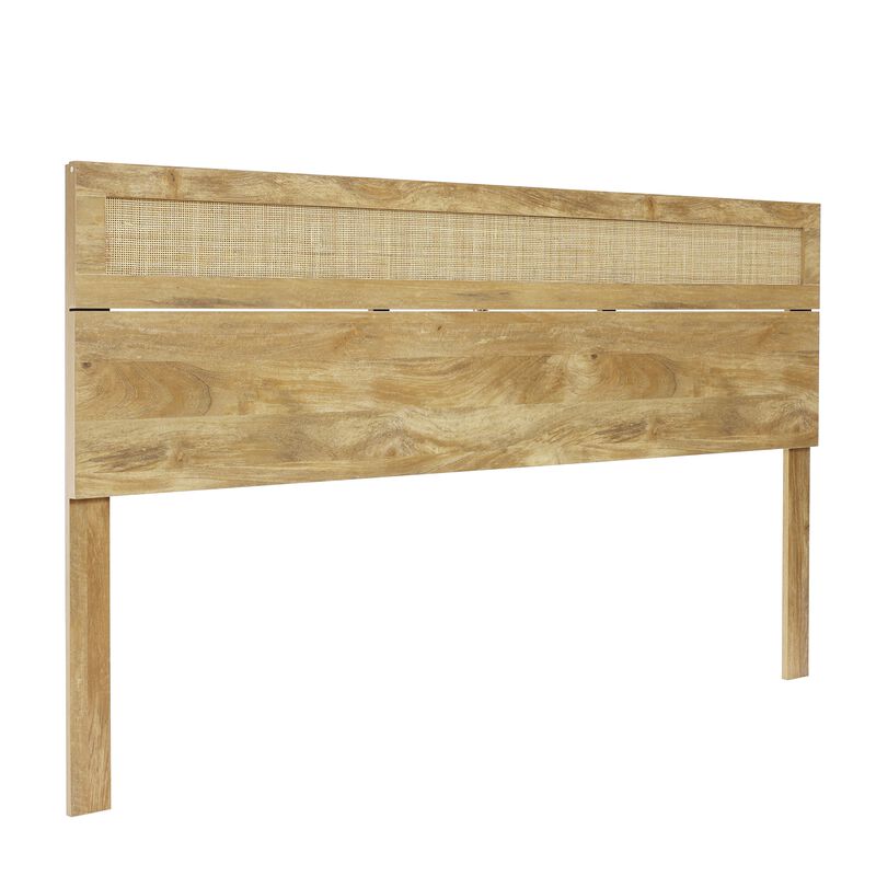LuxenHome Oak Finish Manufactured Wood with Natural Rattan Top Headboard, King