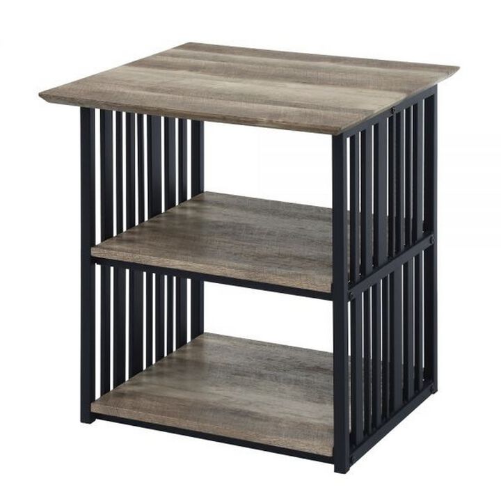 Nori 23 Inch Nightstand, 2 Shelves, Metal Base, MDF, Antique Oak and Black - Benzara