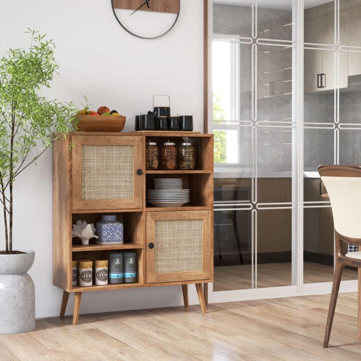 Hivvago Rattan Buffet Cabinet with 2 Doors and 2 Cubbies-Natural