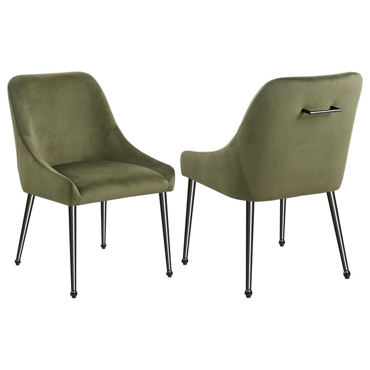 Maya Dining Side Chair Set of 2, Slope Arms, Black Metal, Green Velvet - Benzara