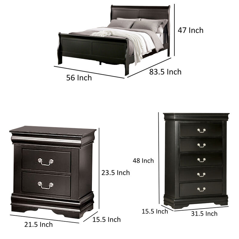 Ry Three Piece Full Size Bedroom Set, Sleek Modern Transitional Style, Black - Benzara