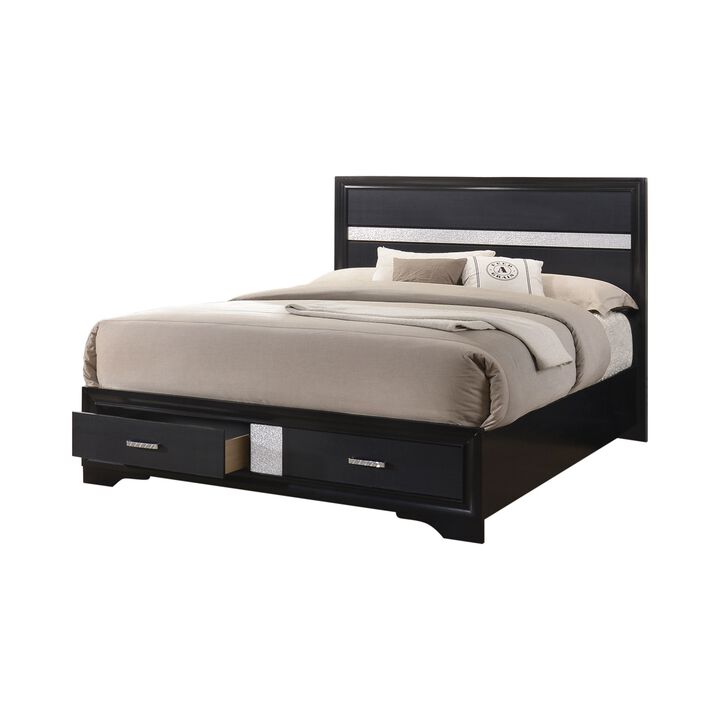 Transitional 2 Drawer Wooden Queen Size Bed with Glitter Stripe, Black-Benzara
