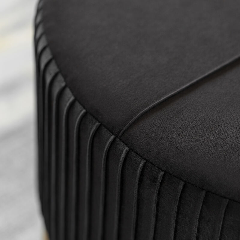 Round Velvet Ottoman Stool Raised with Hairpin Gold Base, Black, Large