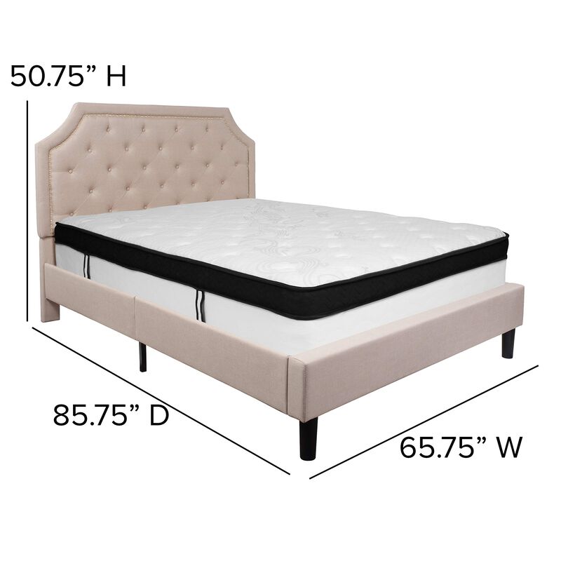 Brighton Queen Size Tufted Upholstered Platform Bed in Beige Fabric with Memory Foam Mattress