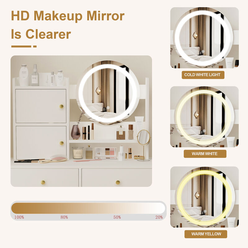 Vanity Desk with Mirror & Lights, 3-Color Adjustable Brightness, Table with Stool