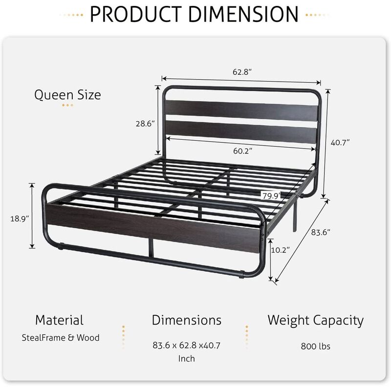 Hivvago Queen Heavy Duty Round Metal Frame Platform Bed with Black Wood Panel Headboard