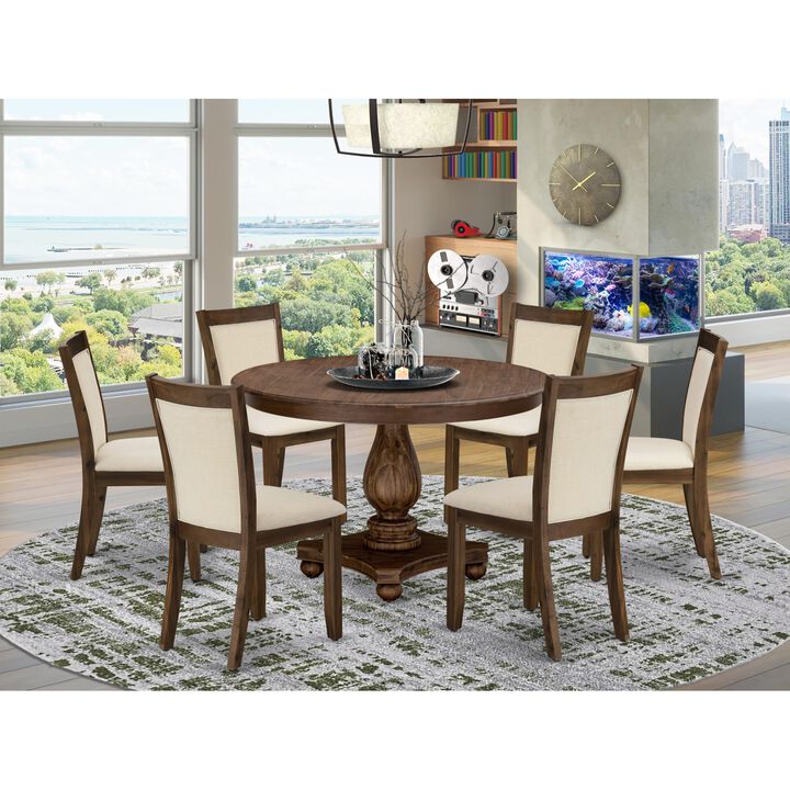 Wood table and 6 light beige linen fabric dining chairs