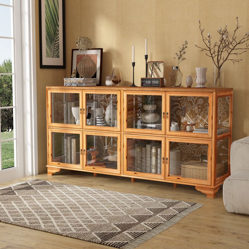 FUFU&GAGA 8-Door Wooden Display Cabinet with Tempered Glass Doors (78.7" W x 19.6" D x 39.3" H),Brown