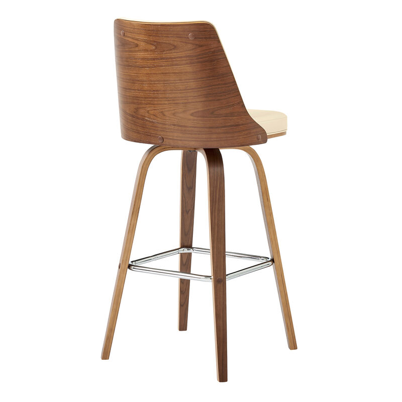 Nolte Swivel Bar Stool in Cream Faux Leather and Walnut Wood
