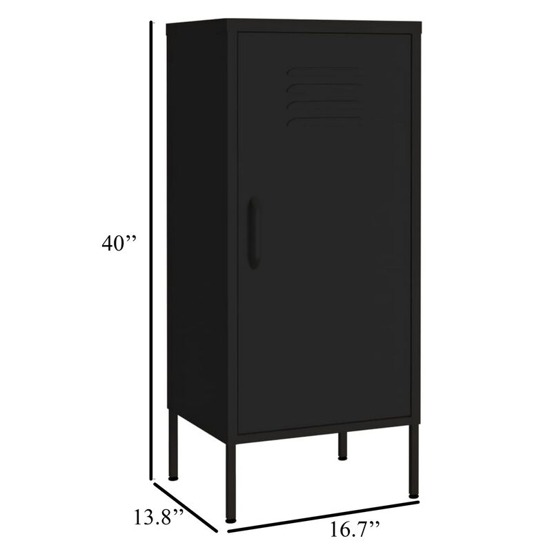 Tall Storage Cabinet, 1 Door, 2 Shelves, Modern Matte Black Steel - Benzara