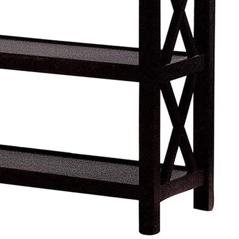 Transitional Wooden Sofa Table With "X" Side Design & Two Shelves, Dark Brown-Benzara