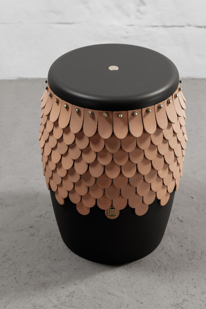 SITIERA_01 Solid Wood Stool, with Natural Thick Leather Accents, and Aged Bronze by ANDEAN, In Stock