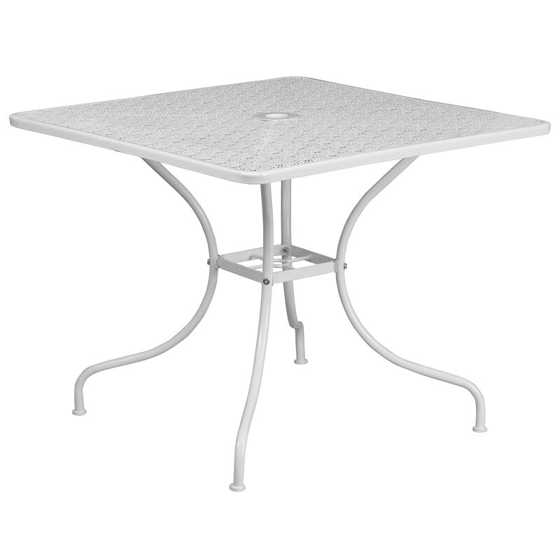 Flash Furniture Oia Commercial Grade 35.5" Square White Indoor-Outdoor Steel Patio Table Set with 2 Round Back Chairs