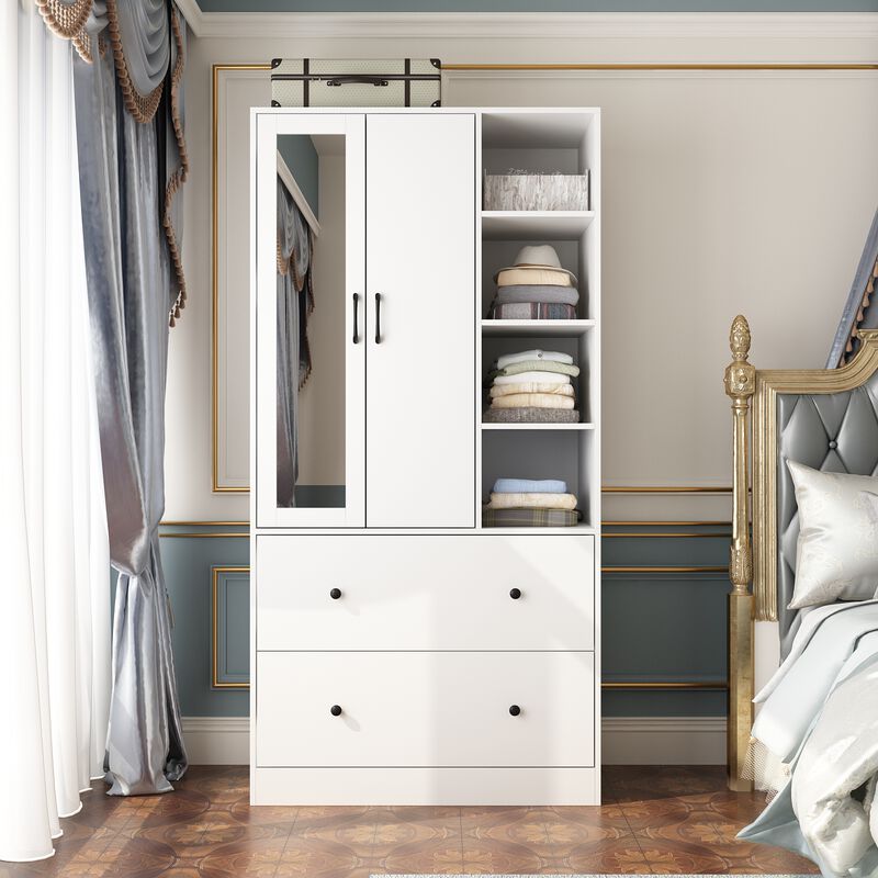 White Wood 35.5 in. W Armoires Wardrobe With Mirror, Pulling Hanging Rod, Drawers, Shelves 15.8 in. D x 70.8 in. H