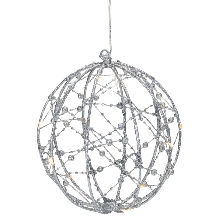 8" LED Lighted Silver Wired Christmas Hanging Ball Decoration - Warm White Lights