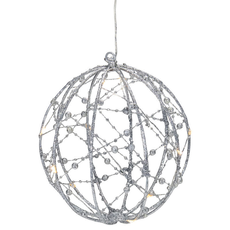 8" LED Lighted Silver Wired Christmas Hanging Ball Decoration - Warm White Lights