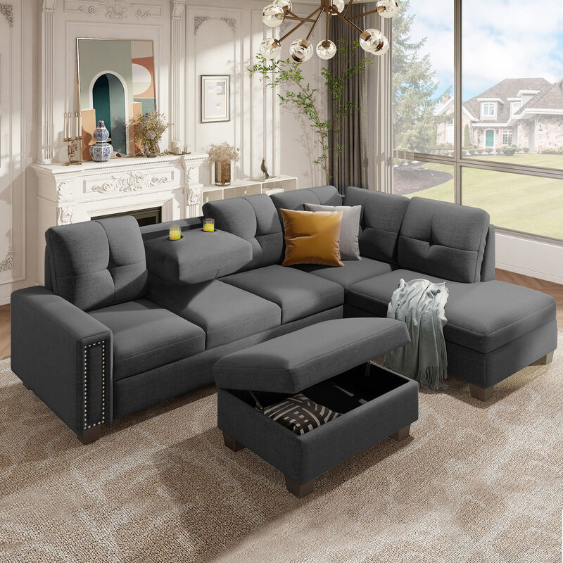 L-Shaped Reversible Sectional Sofa with Storage Ottoman