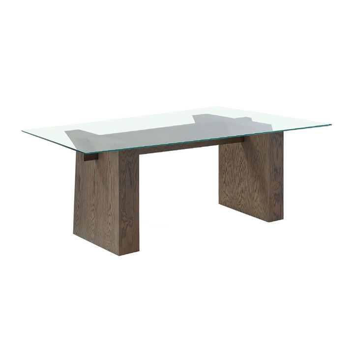Lan 80 Inch Dining Table, Glass Top, Wood Double Pedestal, 6 Seater, Brown - Benzara