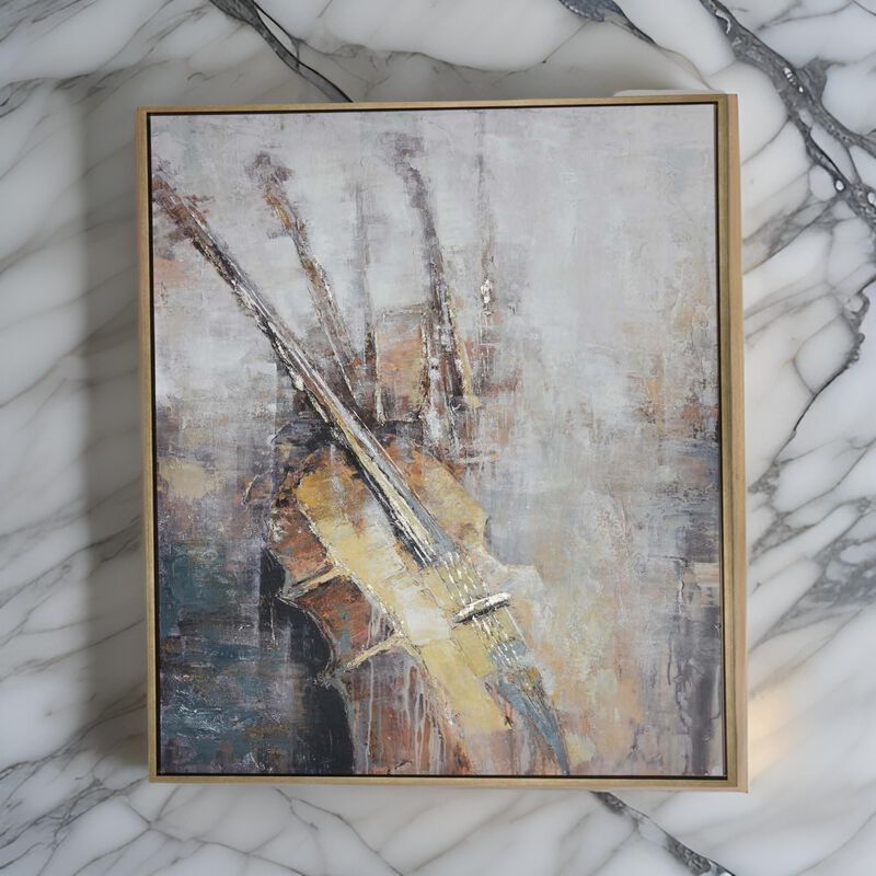 40 x 59 Framed Canvas Oil Painting, Guitar, Natural Fiber, Gray and Brown - Benzara