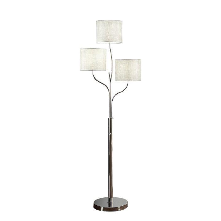 Indi 60 Inch Floor Lamp, 3 Drum Fabric Shade, Round Metal Base, Silver-Benzara