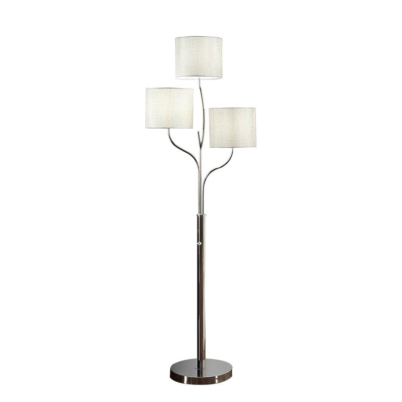 Indi 60 Inch Floor Lamp, 3 Drum Fabric Shade, Round Metal Base, Silver-Benzara