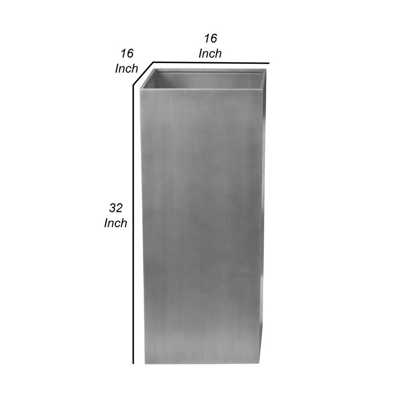 Jo 32 Inch Tall Flower Pot Planter, Hidden Indented Box, Gray Brushed Metal - Benzara