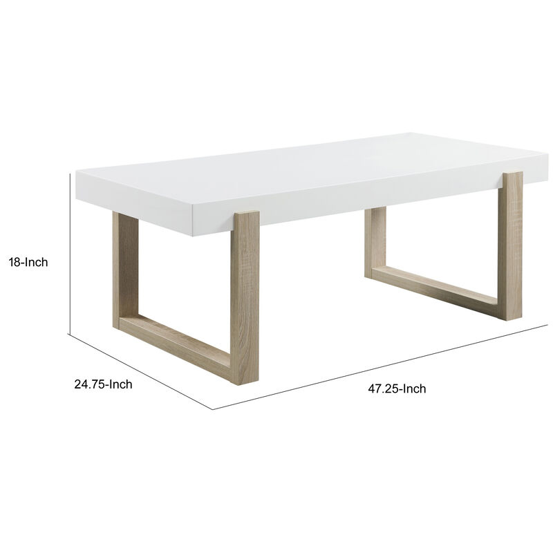 Shay 47 Inch Coffee Table, Thick Rectangular Tabletop, High Gloss White-Benzara