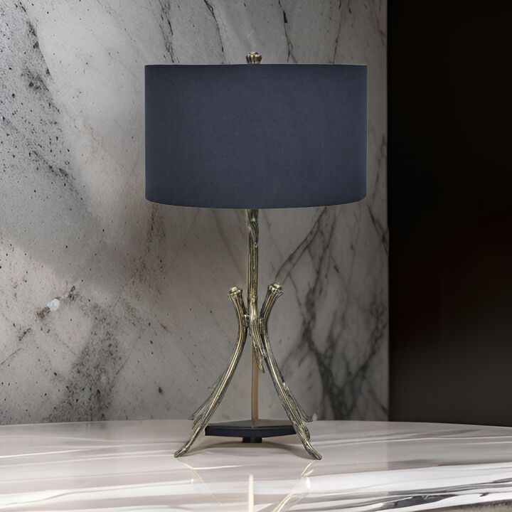 31 Inch Modern Table Lamp, Black Drum Shade, Unique Gilt Base Bronze Metal - Benzara