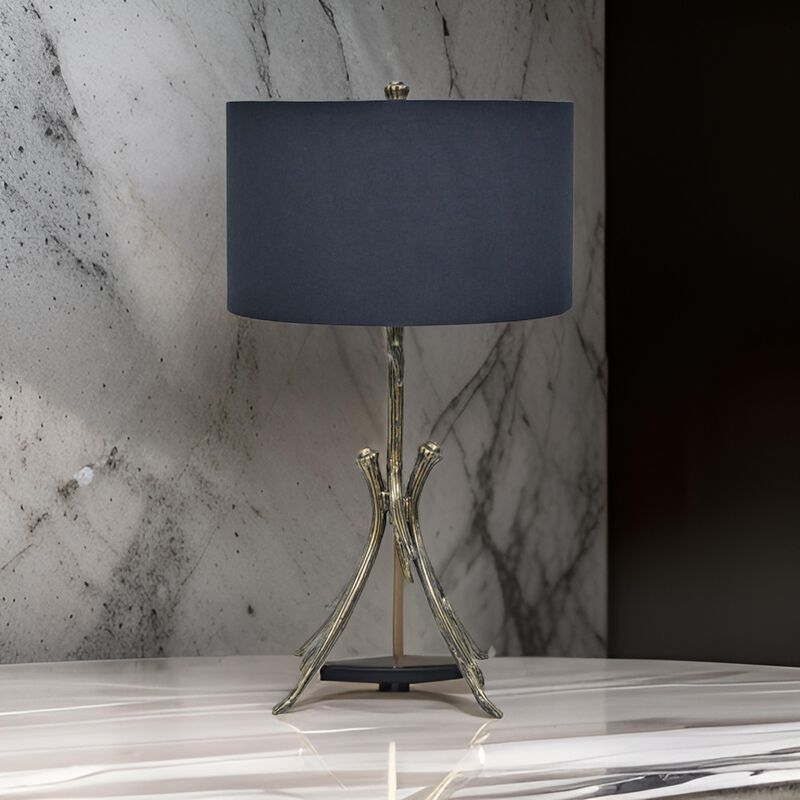 31 Inch Modern Table Lamp, Black Drum Shade, Unique Gilt Base Bronze Metal - Benzara