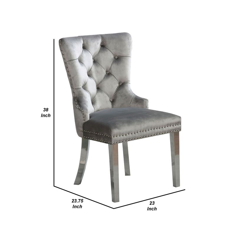 24 Inch Dining Side Chair Set of 2, Tufted Silver Gray Fabric, Chrome legs - Benzara
