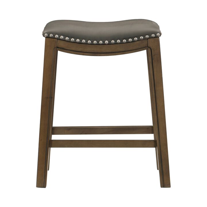 Miel 26 Inch Counter Height Stool, Gray Faux Leather Seat, Brown Solid Wood - Benzara