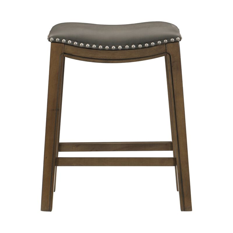 Miel 26 Inch Counter Height Stool, Gray Faux Leather Seat, Brown Solid Wood - Benzara