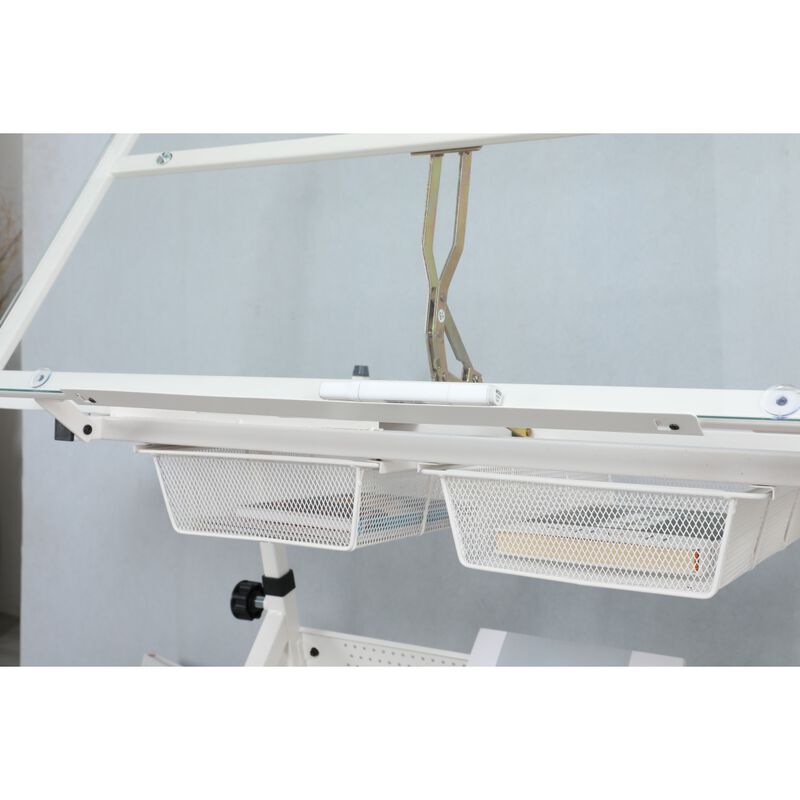 White Adjustable Tempered Glass Drafting Printing Table With Chair