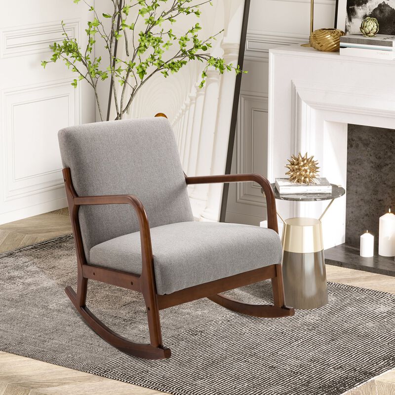 Grey Living Room Rocker: Upholstered Armchair with Wood Base