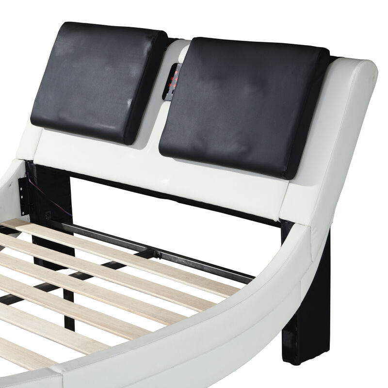 PU Leather Upholstered Platform Bed Frame With LED Lighting, Tooth Connection
