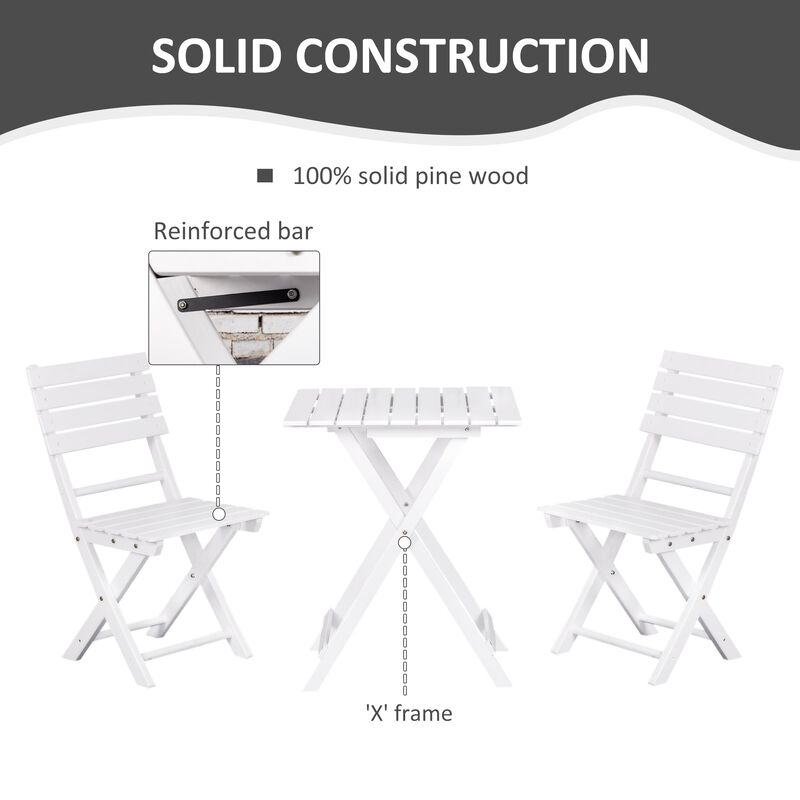 White Garden Trio: 3-Piece Folding Pine Wood Bistro Set