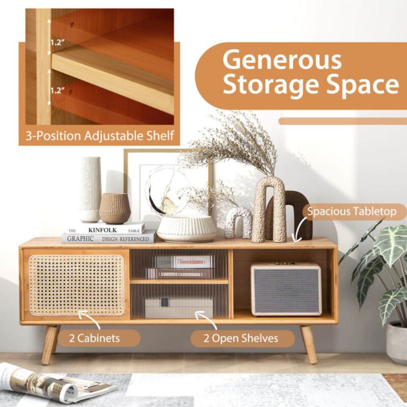 Hivvago Modern TV Stand with Rattan Glass Sliding Doors]