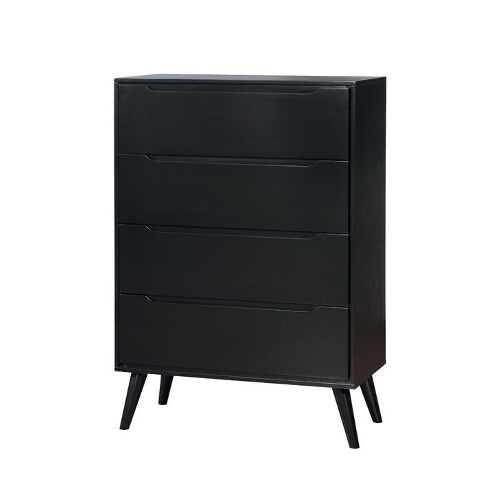 4 Drawer Wooden Chest With Round Tapered Legs, Black-Benzara