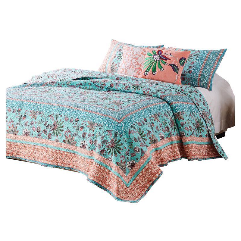 3 Piece Full Queen Quilt Set with Floral Print, Blue and White - Benzara