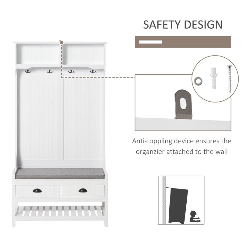 White Entryway Organizer: Hall Tree with Coat Rack and Shoe Storage