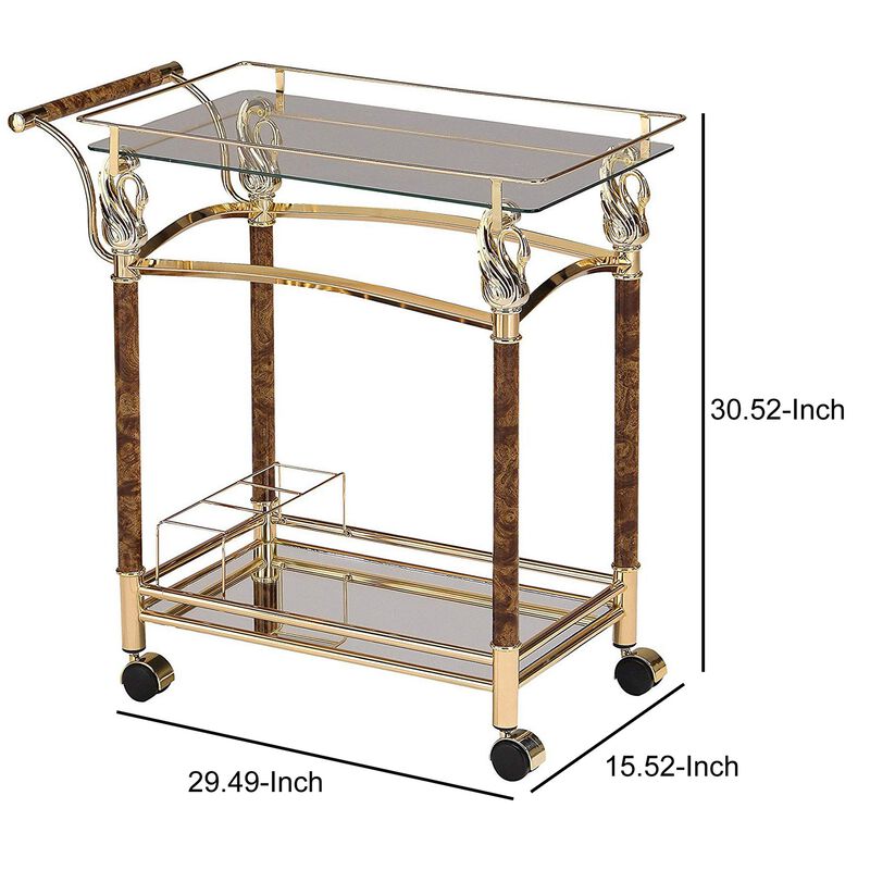 Alluring Serving Cart, Golden Plated & Clear Glass-Benzara
