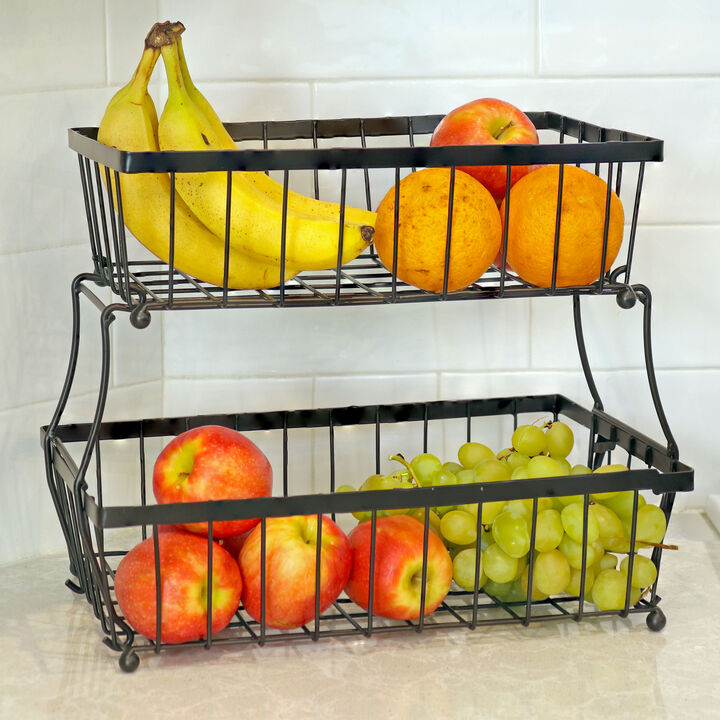 Sunnydaze 2-Tier Metal Wire Collapsible Tabletop Storage Basket - Black