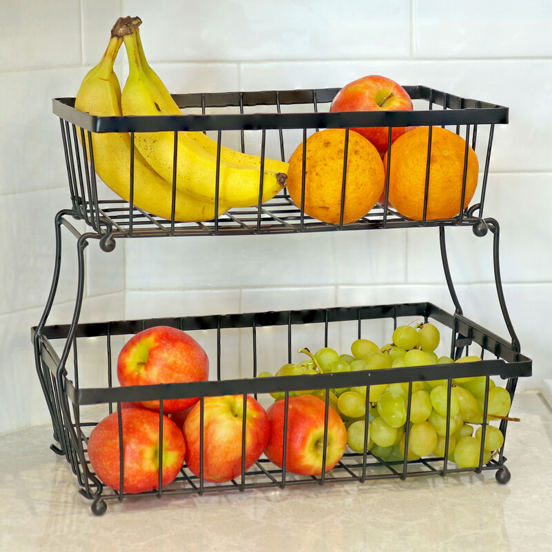 Sunnydaze 2-Tier Metal Wire Collapsible Tabletop Storage Basket - Black