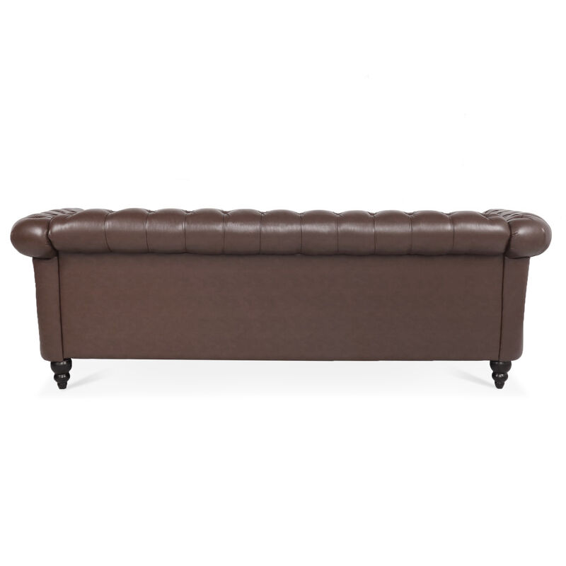 Dark Brown PU Rolled Arm Chesterfield Three Seater Sofa