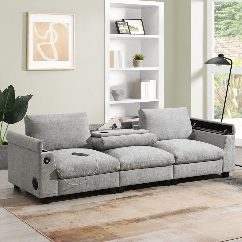 96*35''Chenille Sectional Sofa with Bluetooth Speaker,Comfy Cloud Couch Set with Drop Down Table,Cup Holders,USB Charger,Storage Armrest,Wide Seat Sofa for Living Room,Apartment,Office