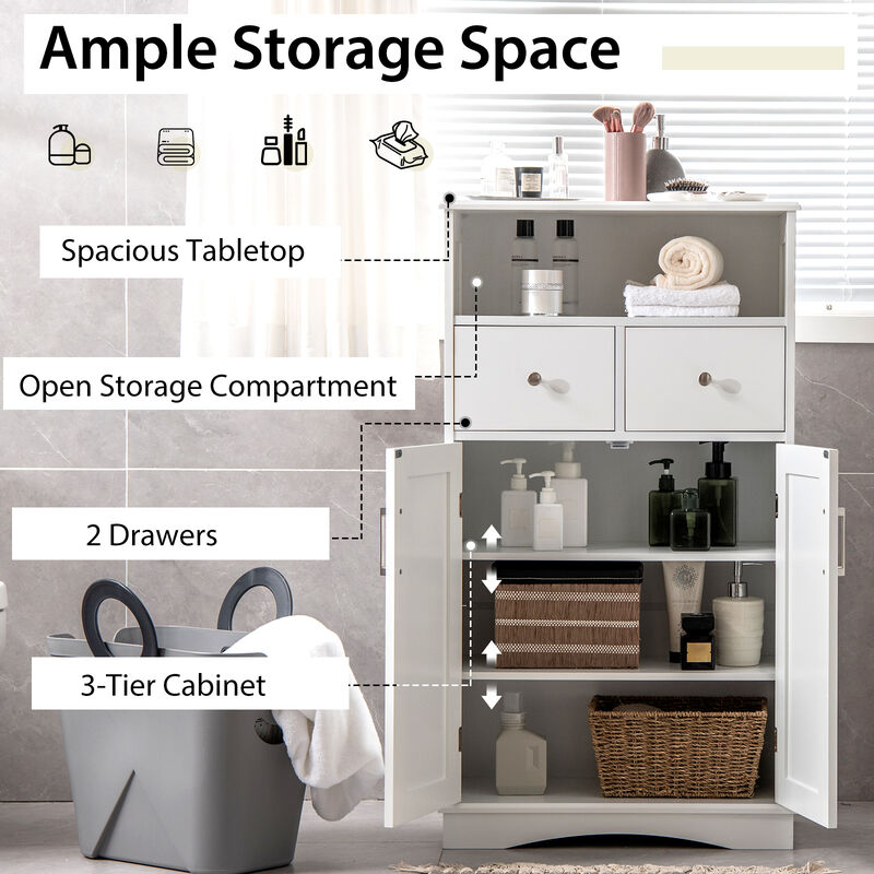 2 Doors Freeestanding Bathroom Floor Cabinet with 2 Drawers and Adjustable Shelves
