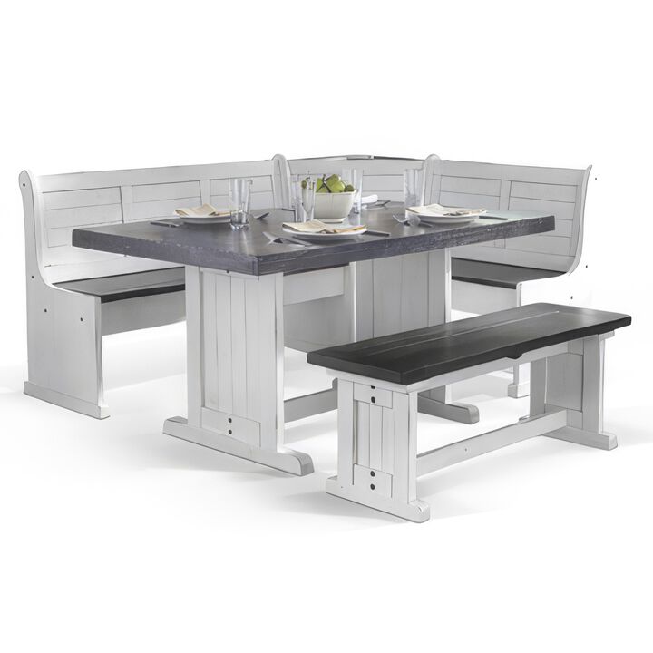 Orso 4pc Breakfast Nook Dining Table Set, Corner Bench, White Brown - Benzara